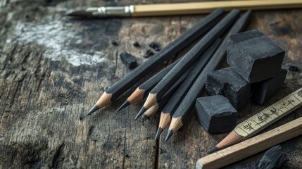 Charcoal pencils, sticks, and brushes on a wooden surface.