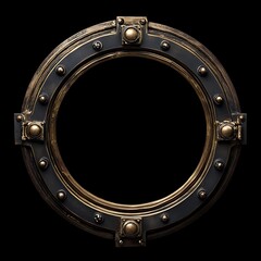 Ornate, circular, bronze, metal picture frame with decorative accents.