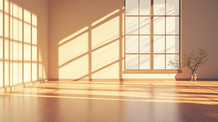 A simple room bathed in warm sunlight, creating a tranquil atmosphere. Light wood floors and neutral walls combine with geometric shadows cast by the large window to evoke a sense of coziness. 