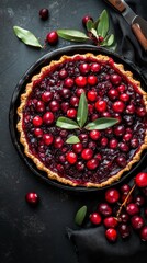 Cranberry Pie with tart cranberry filling and a buttery, flaky crust, captured on a rustic black surface, tangy and fruity Hyper-quality professional photography, ultra detailed, high resolution