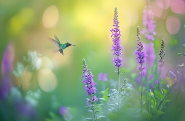 Close-up of a hummingbird flying and sipping from a purple flower, with a green background and beautiful colors