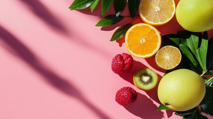 Fresh fruits and leaves composition on a vibrant pink background