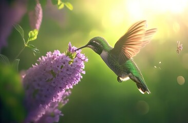 A vibrant green and purple hummingbird hovering near an exotic flower, its iridescent feathers shimmering in the sunlight