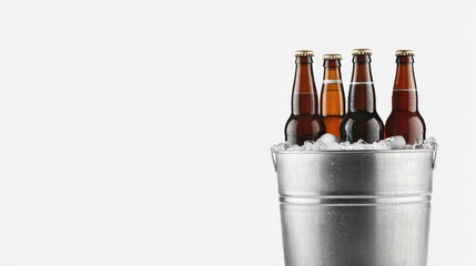 Four Bottles of Beer Chilling in a Metal Ice Bucket on White Background