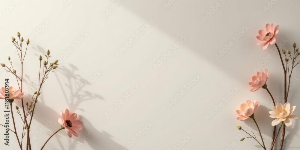 Aufkleber elegant peach blossoms and branches with soft light and shadow on a white background