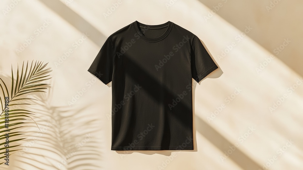 Aufkleber black t shirt mockup hanging on a beige wall with palm tree shadow, creating a stylish and modern pr