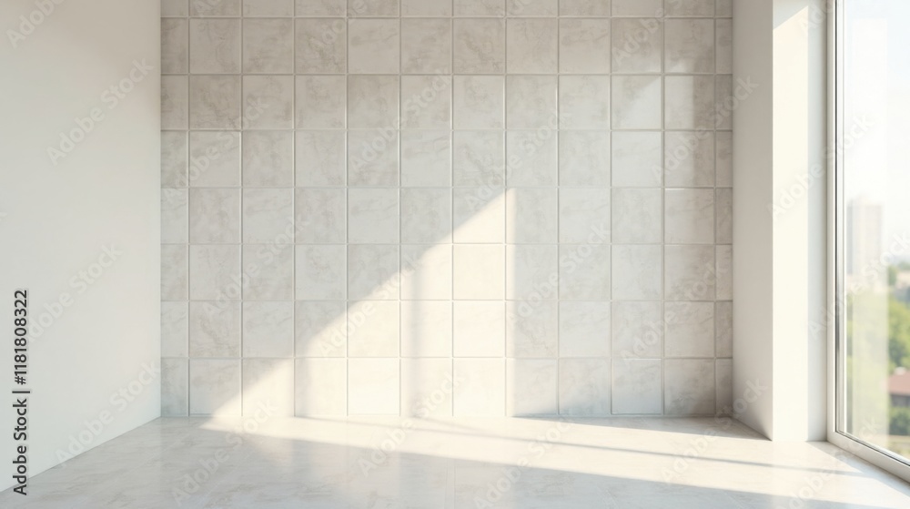 Poster bright sunlight illuminates a clean, minimalist room with tiled walls and a window