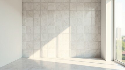 Obraz premium Bright Sunlight Illuminates a Clean, Minimalist Room with Tiled Walls and a Window