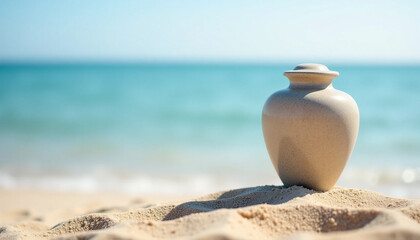 Ceramic Cremation Urn on Sandy Beach with Sea Background