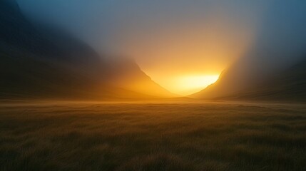 A tranquil valley is enveloped in thick fog, while the first light of dawn breaks through, illuminating the scenery with a warm golden glow. This captivating moment captures nature’s serene beauty