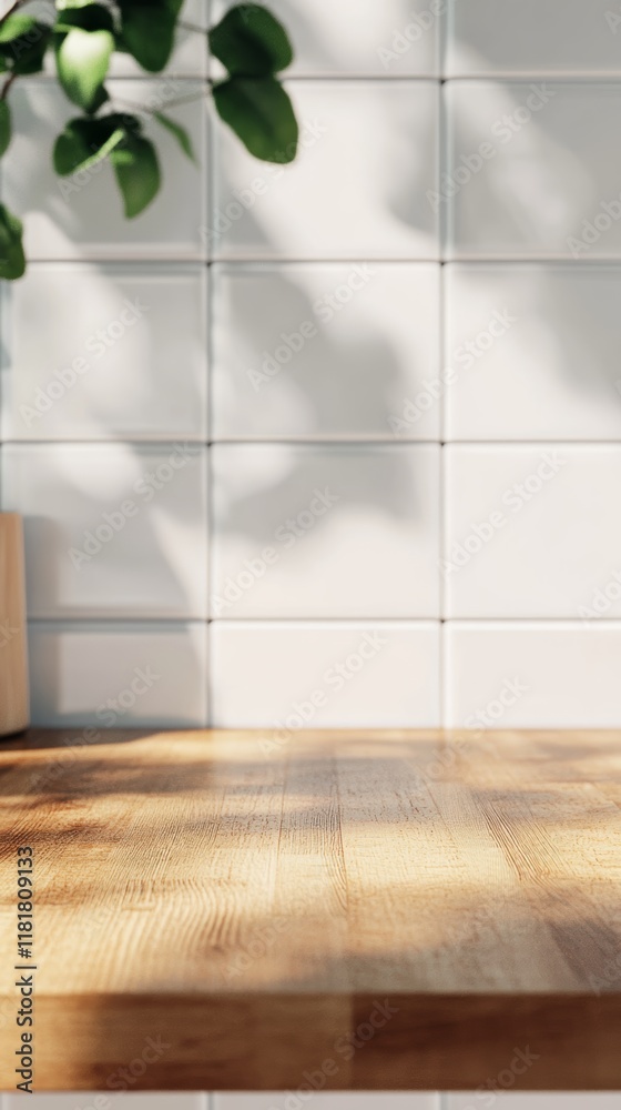 Fototapete sunlight illuminates an empty wooden countertop in a kitchen, casting shadows of a nearby plant agai