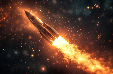 A rocket blasts off into the cosmos, surrounded by a sparkling starry sky. Its powerful engines produce a bright and fiery exhaust trail, illuminating the darkness.