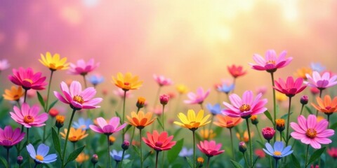 Fototapeta premium Vibrant Cosmos Flowers in a Sunset Meadow, Blooming in a Colorful Array