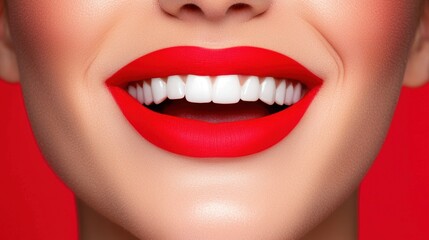 Fototapeta premium Close-up of a Woman's Smiling Lips with Bright Red Lipstick and Perfect White Teeth