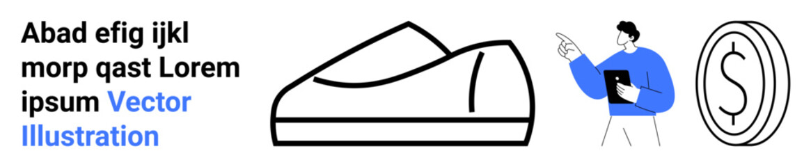 Shoe outline, man with tablet pointing, coin with dollar sign. Ideal for business, technology, startup, finance, e-commerce, marketing, web design. Landing page