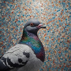 A pigeon painted as a mosaic, clear backdrop.