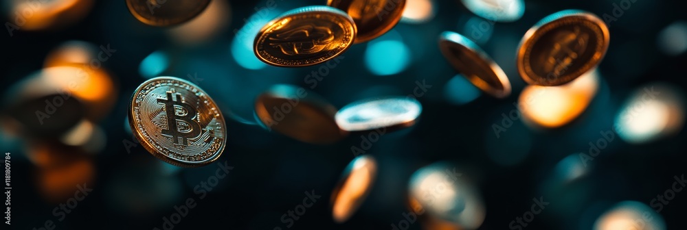 Poster Shiny golden bitcoin and cryptocurrencies falling on a blurred dark background with bokeh lights, representing the volatility and risk of investing in digital assets