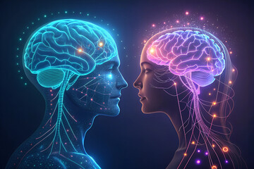 Futuristic comparison of human brain and AI brain, glowing neural connections. Generated Ai