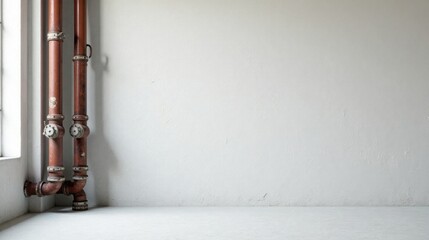 Rustic industrial interior with aged copper pipes against a textured white wall