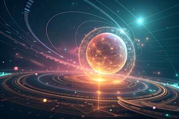Fototapeta premium Central glowing energy sphere surrounded by data streams and cyber patterns. Generated Ai