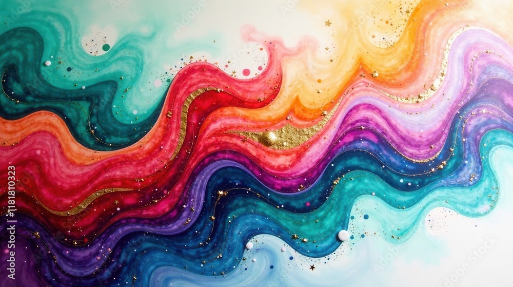 Poster abstract colorful swirling wave design with gold accents and sparkling elements