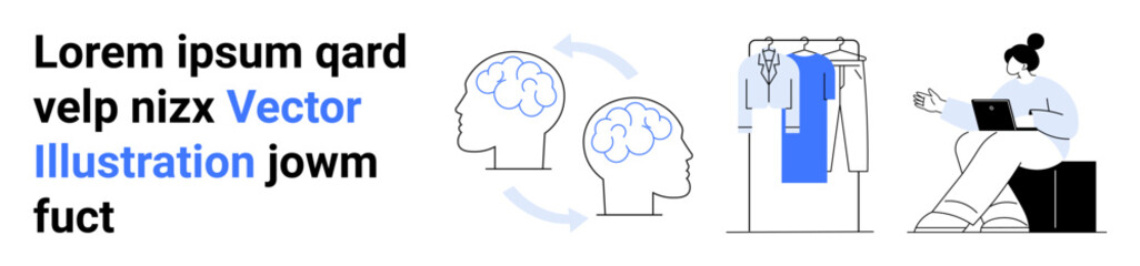 Female working on laptop while sitting in modern space, adjacent to rotating brainstorming brains and clothing rack. Ideal for creativity, remote work, fashion, brainstorming, personal growth