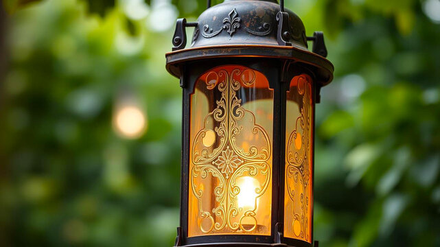 A decorative vintage streetlamp adorned with intricate wrought iron designs, exuding a warm, inviting light. Perfect for concepts like nostalgia, elegance, and old-world charm.