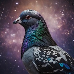 A pigeon with galaxy-like feathers on a plain background.