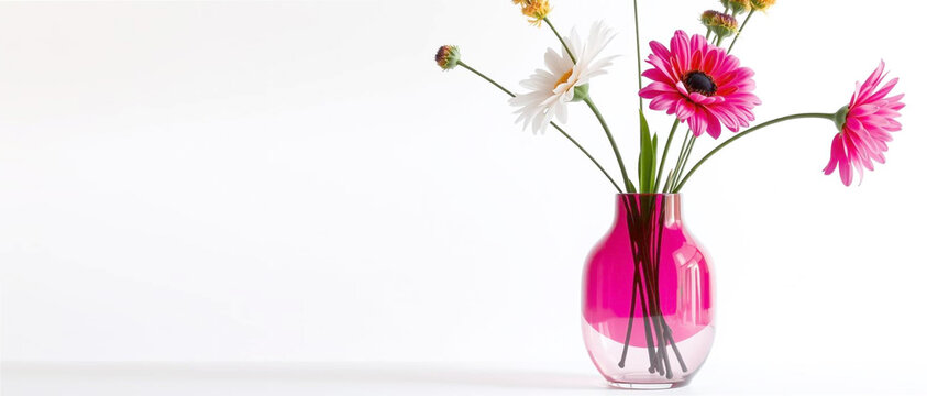 Pink Vase with Fresh Wildflowers Against Plain White Background. ivid wildflowers in a stylish pink vase placed elegantly against a clean white background.