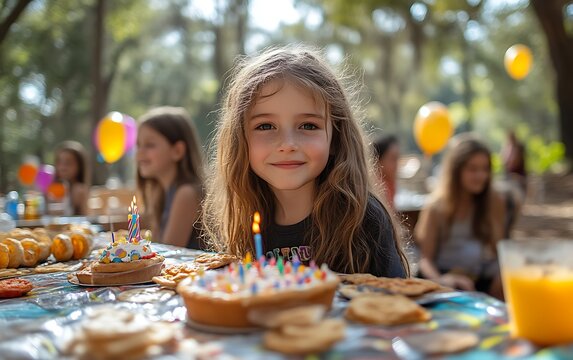 Girl smiling at birthday party outdoors.