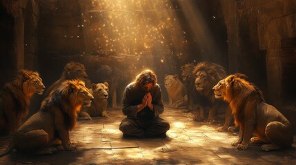 Daniel Kneeling in Prayer in the Lions’ Den, Surrounded by Calm Lions as Divine Light Streams from Above