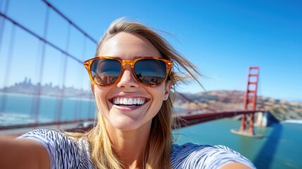 Joyful woman captures a sunny moment with Golden Gate Bridge in view