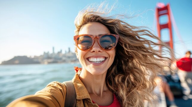 Joyful woman captures sunny moment by Golden Gate Bridge in San Francisco - Powered by Adobe
