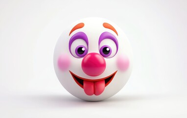 3D emoji clown face with a pink nose, purple eyes, and blowing a raspberry, simple design, flat shading, white isolated background