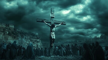 Jesus on the Cross atop Golgotha, with Dark, Stormy Skies Above and Mary and the Disciples Mourning Below