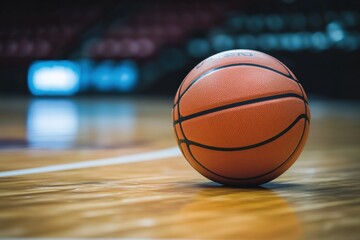 Close-up of a basketball resting on a hardwood court.