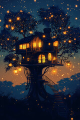 Fototapeta premium A whimsical treehouse illuminated by lanterns, surrounded by a starry night sky.