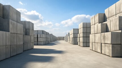 Obraz premium Industrial stacks of concrete blocks construction site aerial view daylight urban landscape modern infrastructure