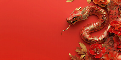Obraz premium The red dragon on the right is on a red background, a cute image with elements of traditional Chinese New Year. Advertising, holiday banner.