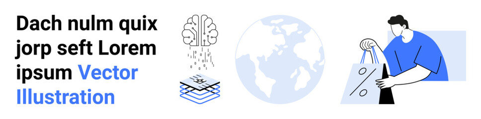 Human interacting with a large phone screen, neural network brain diagram, globe, stacked tech layers, text. Ideal for tech innovation, AI, global connectivity, data layers digital transformation