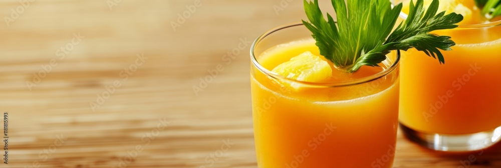 Poster two glasses of vibrant, freshly squeezed pineapple juice are garnished with celery leaves and chunks