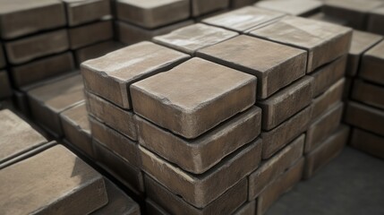 Stacked concrete bricks construction site 3d visualization industrial environment close-up view building materials