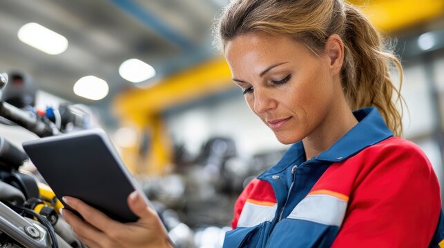 Mid adult female mechanic repairs motorcycle while using digital tablet