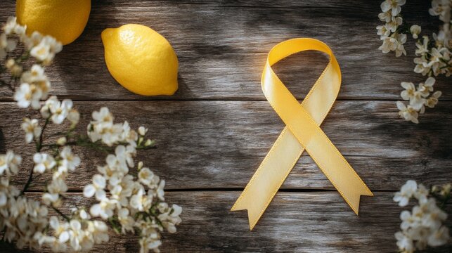 Yellow Ribbon Lemons And White Flowers On Wood