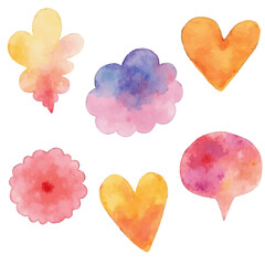 A set of six abstract watercolor shapes in various colors and forms, including hearts, a flower, a cloud, and other organic shapes.