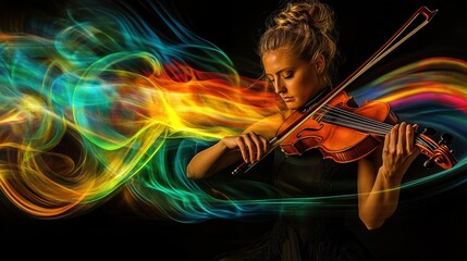 Fototapeta premium Woman playing violin, vibrant colorful smoke trails.