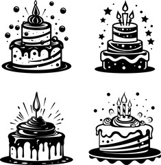 Cake vector icons set. White illustration isolated on black background for graphic and web design.