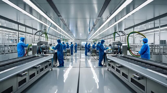 Modern High-Tech Manufacturing Facility with Workers in Protective Gear Operating on an Automated Production Line

