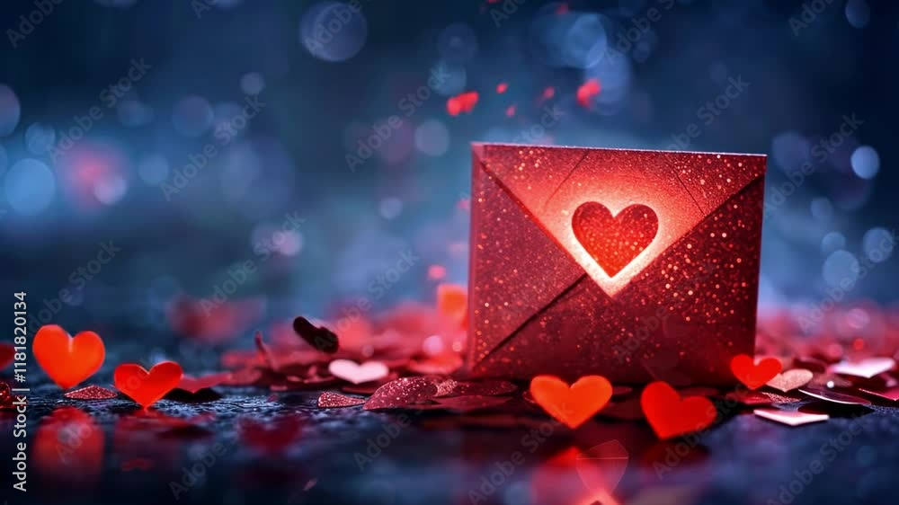 Leinwandbilder romantic setting with a glowing envelope covered in sparkling glitter. heart-shaped confetti falls g