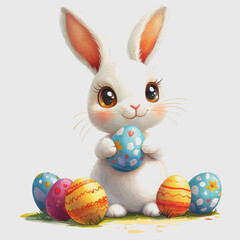 Easter Hunt with a White Rabbit and a Blue Egg in a Lush Green Field Capturing Joyful Spring Celebrations and Family Traditions in a Colorful and Vibrant Outdoor Setting